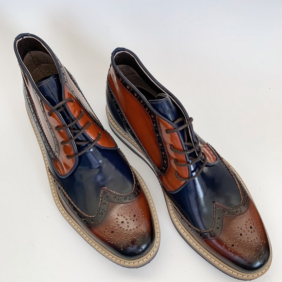 Brown-Navy Blue Derby Leather Half Boot - Picture 2 of 11